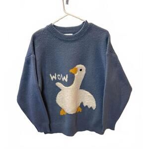 Aelfric Eden Goose Graphic Sweater Size Large Blue Knit Pullover Streetwear